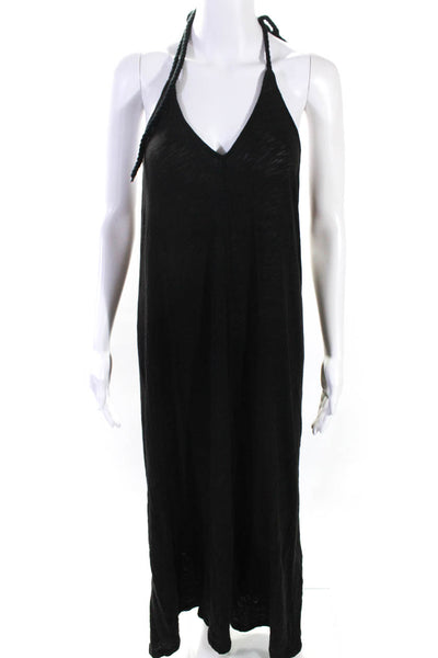 ATM Women's Cotton Halter Neck Back Slit Maxi Dress Black Size M