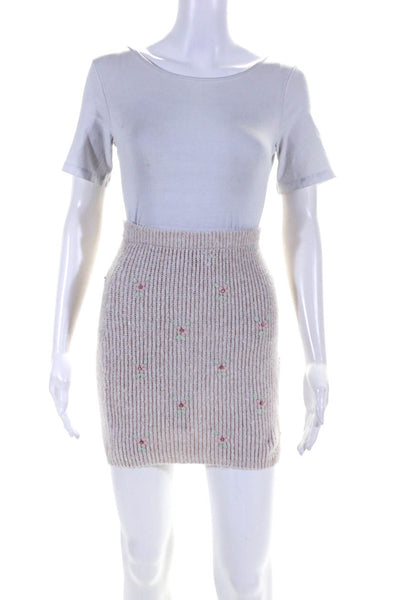 ASTR Womens Embroidered Floral Rhinestone Knit Mini Skirt Light Pink Size XS