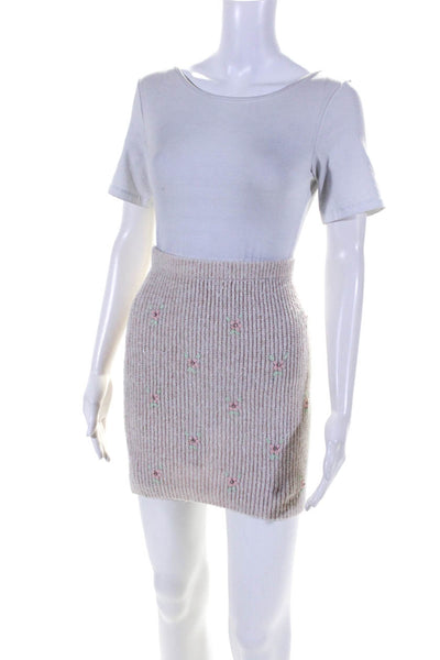 ASTR Womens Embroidered Floral Rhinestone Knit Mini Skirt Light Pink Size XS