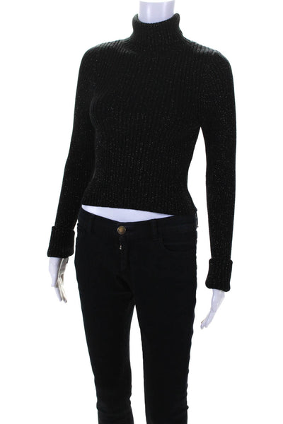 Idem Ditto Womens Metallic Ribbed Cropped Turtleneck Sweater Black Size Medium