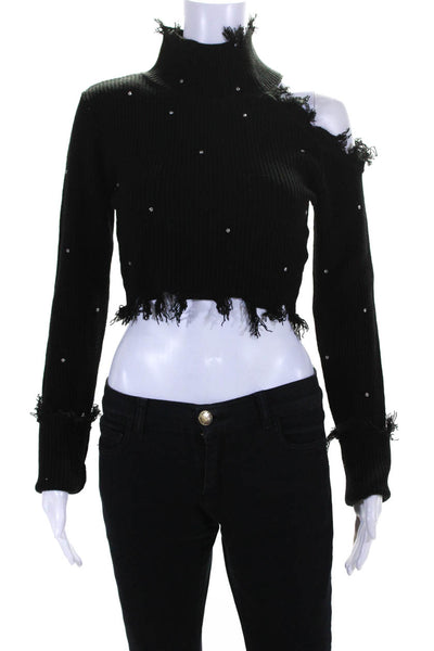 Signature8 Womens Distressed Rhinestone Cold Shoulder Crop Sweater Black Small