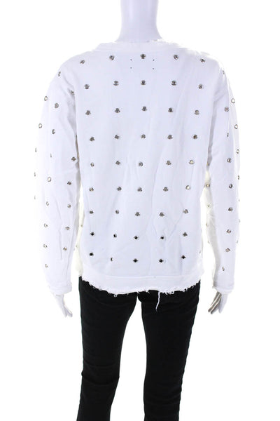 RtA Womens Rivet Embellished Distressed Crew Neck Sweatshirt White Size XXS