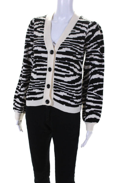 Storia Womens V Neck Striped Button Up Cardigan Sweater White Black Size Small