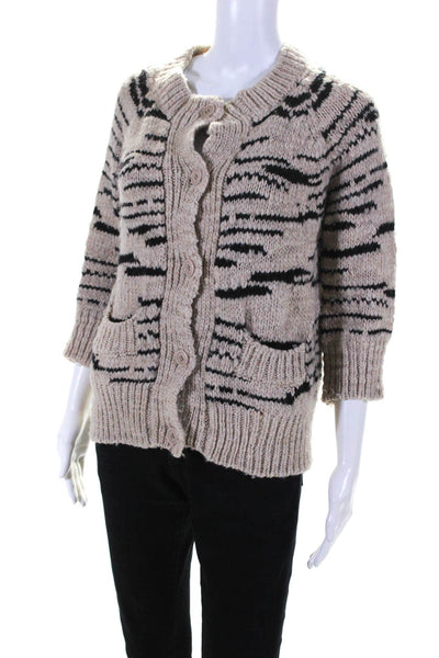 Leroy & Perry Womens Thick Knit 3/4 Sleeve Cardigan Sweater Black Beige Large