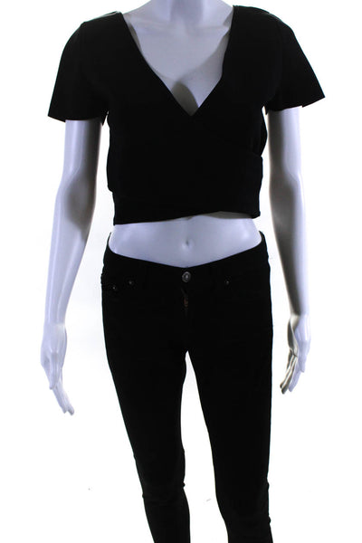 Babaton Womens Short Sleeve V Neck Ribbed Faux Wrap Crop Top Black Size Medium