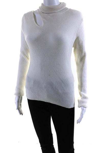 ASTR Womens Long Sleeve Cut Out Ribbed Turtleneck Top White Size Medium