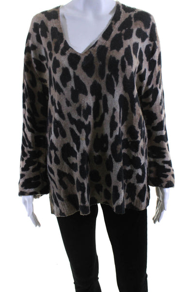 360 Cashmere Womens V Neck Cashmere Leopard Print Sweater Brown Size Medium