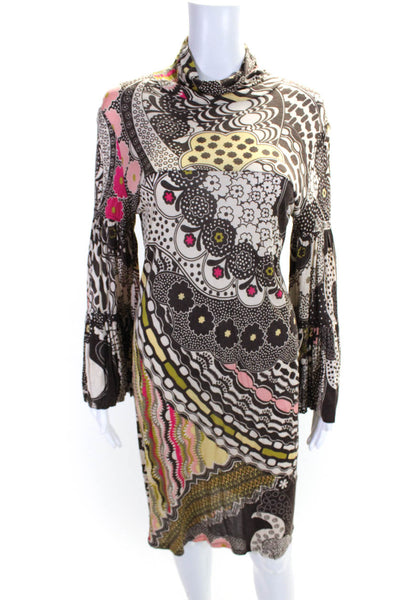 Missoni Womens Floral Patterned Mock Neck Long Sleeved Dress Beige Brown Size 8