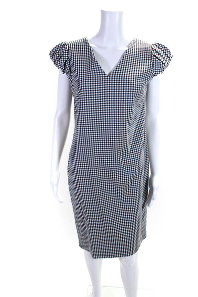 Calvin Klein Womens Gingham Cap Sleeved V Neck Shift Dress White Black Size 12