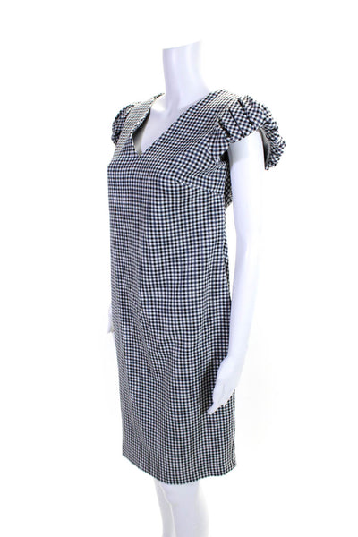 Calvin Klein Womens Gingham Cap Sleeved V Neck Shift Dress White Black Size 12