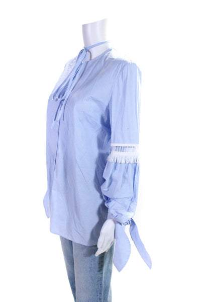 Lela Rose Womens Striped Round Neck Tied Long Sleeved Blouse Blue White Size 12