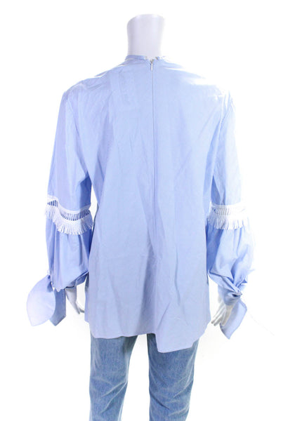Lela Rose Womens Striped Round Neck Tied Long Sleeved Blouse Blue White Size 12