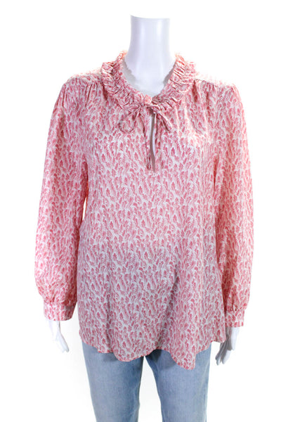 Joie Womens Ruffled Tied V Neck Long Sleeved Tunic Blouse Pink White Size L