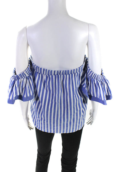 Milly Womens Blue Cotton Striped Off Shoulder Short Sleeve Blouse Top Size L