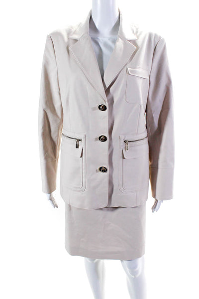 Etcetera Womens Turn Lock Buttoned Collared Blazer Skirt Set Beige Size 12 14