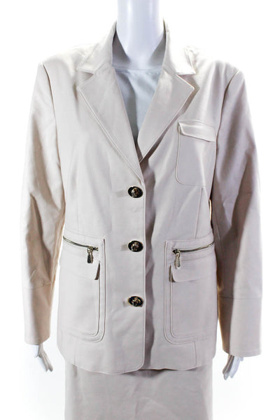 Etcetera Womens Turn Lock Buttoned Collared Blazer Skirt Set Beige Size 12 14