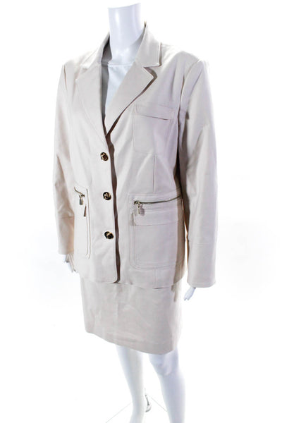 Etcetera Womens Turn Lock Buttoned Collared Blazer Skirt Set Beige Size 12 14