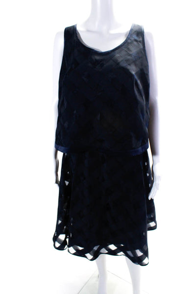 Etcetera Womens Check Print Textured Sleeveless Blouse Skirt Set Navy Size 12