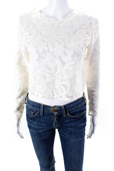 Alexis Women's Round Neck Long Sleeves Lace Cropped Top Blouse White Size L