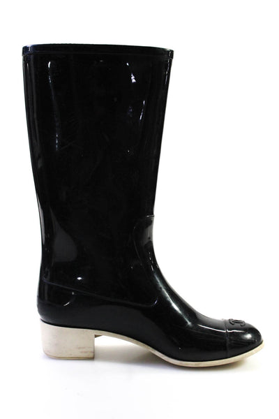 Chanel Womens Camellia Applique Logo Cap Toe Rain Boots Black Ivory Size 37 7