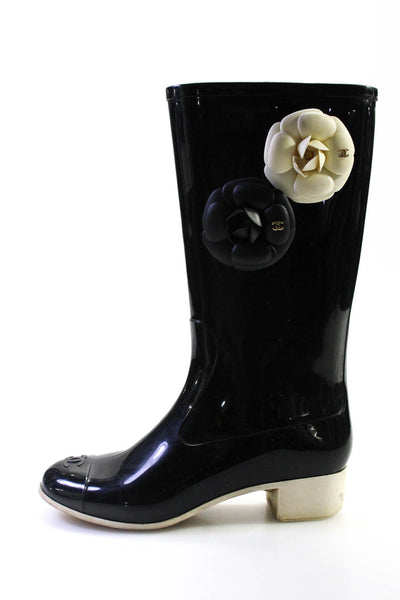 Chanel Womens Camellia Applique Logo Cap Toe Rain Boots Black Ivory Size 37 7