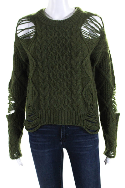 NSF Womens Wool Cable-Knit Distressed Long Sleeve Pullover Sweater Green Size S