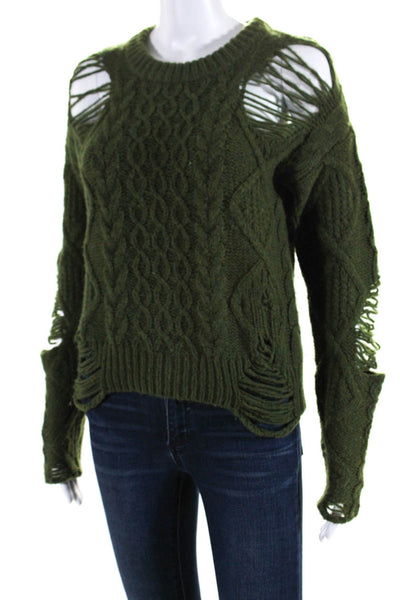 NSF Womens Wool Cable-Knit Distressed Long Sleeve Pullover Sweater Green Size S