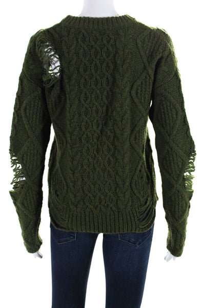 NSF Womens Wool Cable-Knit Distressed Long Sleeve Pullover Sweater Green Size S