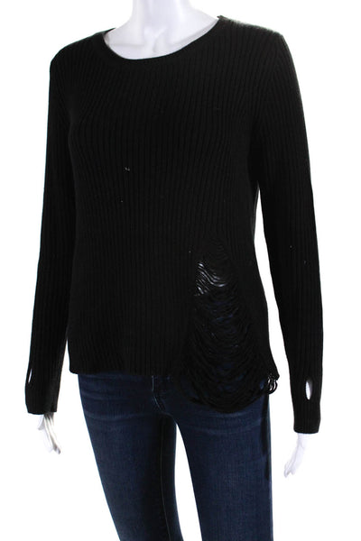 One Grey Day Womens Cotton Distressed Ribbed Long Sleeve Sweater Black Size S