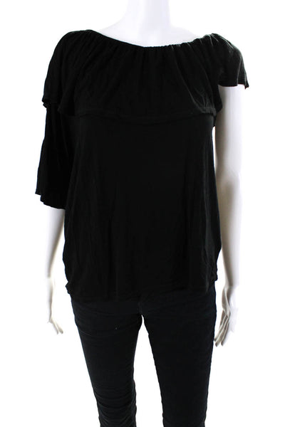 Paige Womens Jersey Knit Ruffled One Sleeve Scoop Neck Blouse Top Black Size S
