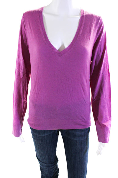 Theory Women's V-Neck Long Sleeves Pullover Sweater Pink Size L