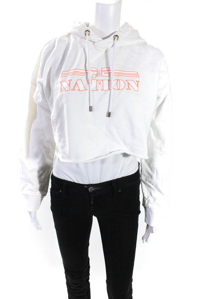PE Nation Womens Logo Print Cropped Hoodie Sweatshirt White Orange Size Medium