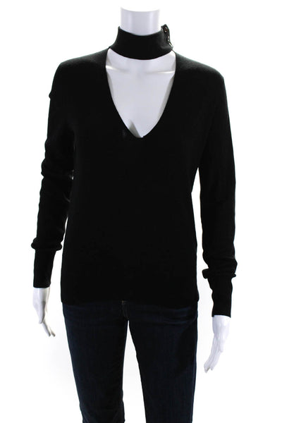 Theory Womens Buttoned High Cutout V Neck Long Sleeved Thin Sweater Black Size S
