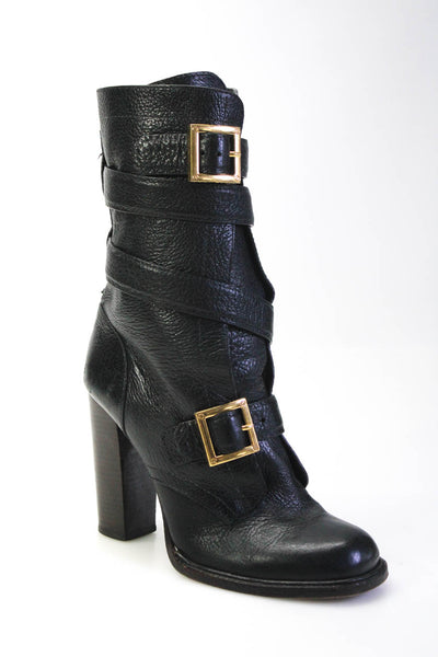 Tory Burch Women's Leather Gold Tone Buckle Mid Calf Boots Black Size 9