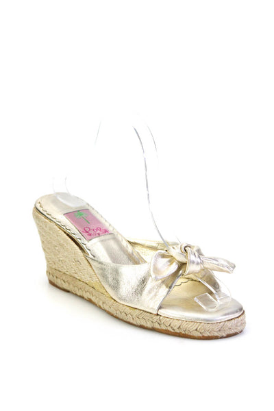 Lily Pulitzer Womens Metallic Leather Peep Toe Bow Espadrille Wedges Gold Size 8