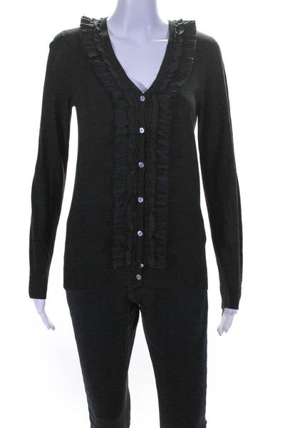 DKNY Womens Ruffle V Neck Button Up Cardigan Sweater Black Tussah Silk Medium