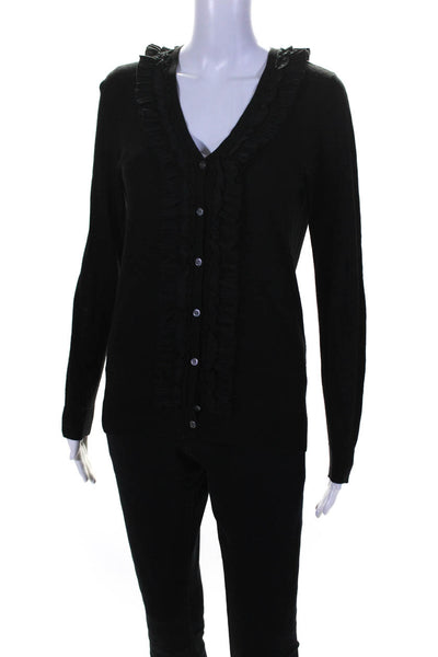 DKNY Womens Ruffle V Neck Button Up Cardigan Sweater Black Tussah Silk Medium