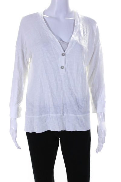 Lilla P Womens V Neck Henley 3/4 Sleeve Top Blouse White Cotton Size Small