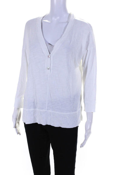 Lilla P Womens V Neck Henley 3/4 Sleeve Top Blouse White Cotton Size Small