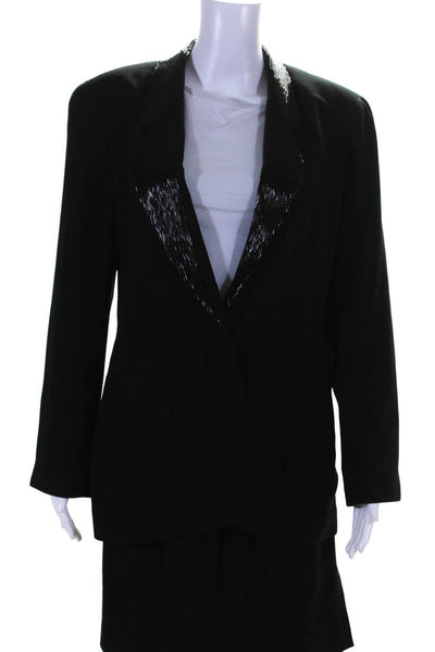 Kenar Womens Crepe Beaded Lapel Pencil Skirt Blazer Suit Set Black Size 10