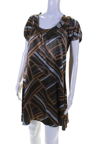 BCBGMAXAZRIA Womens Round Neck Short Sleeves Line A-Line Mini Dress Brown Size M