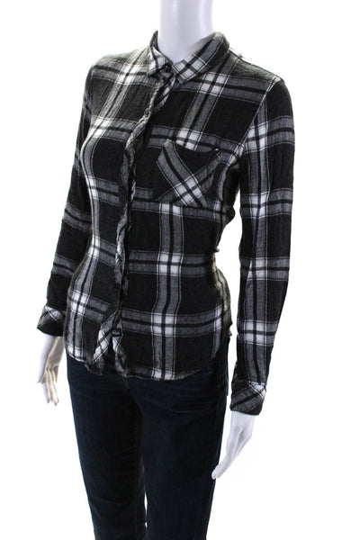 Rails Womens Plaid Collared Long Sleeve Button-Up Blouse Black White Size XS