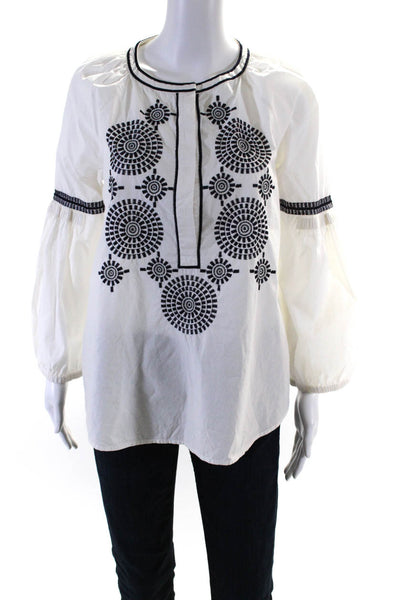 Tory Burch Womens Cotton Embroidered Long Sleeve Button Down Blouse White Size 4