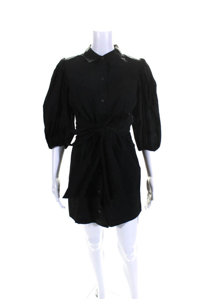 Toccin Womens Puffy Sleeves Button Down Belted Shirt Dress Black Cotton Size 2