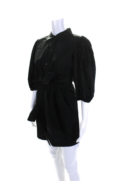 Toccin Womens Puffy Sleeves Button Down Belted Shirt Dress Black Cotton Size 2