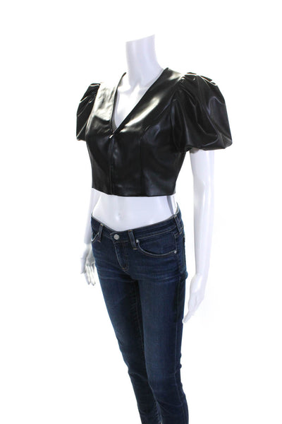 Toccin Womens Faux Leather V Neck Puffy Sleeves Blouse Black Size Small