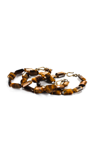 Designer Womens Gold Tone Faceted Tigers Eye Beaded Bracelets Set Of 3 65g 8.5"