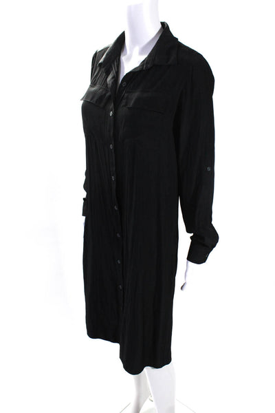 Lola & Sophie Womens Long Sleeve Plisse Satin Shirt Dress Black Size Extra Small