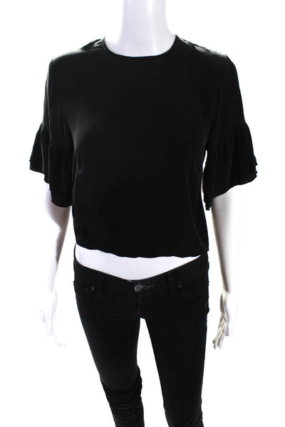 Rebecca Minkoff Womens Ruffle Hem Short Sleeve Top Blouse Black Silk Size Medium