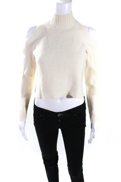 Nicholas Womens Ribbed Cropped Cold Shoulder Turtleneck Sweater Ivory Size Small